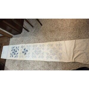 Vintage Blue White Stamped Cross Stitch Table Runner Unfinished Folk Floral Star